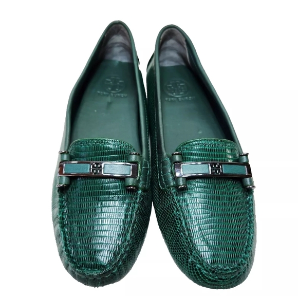 TORY BURCH Green Snakeskin Driving Mocs Loafers Sz 8.5 Leather Driver Flats - Picture 6 of 13